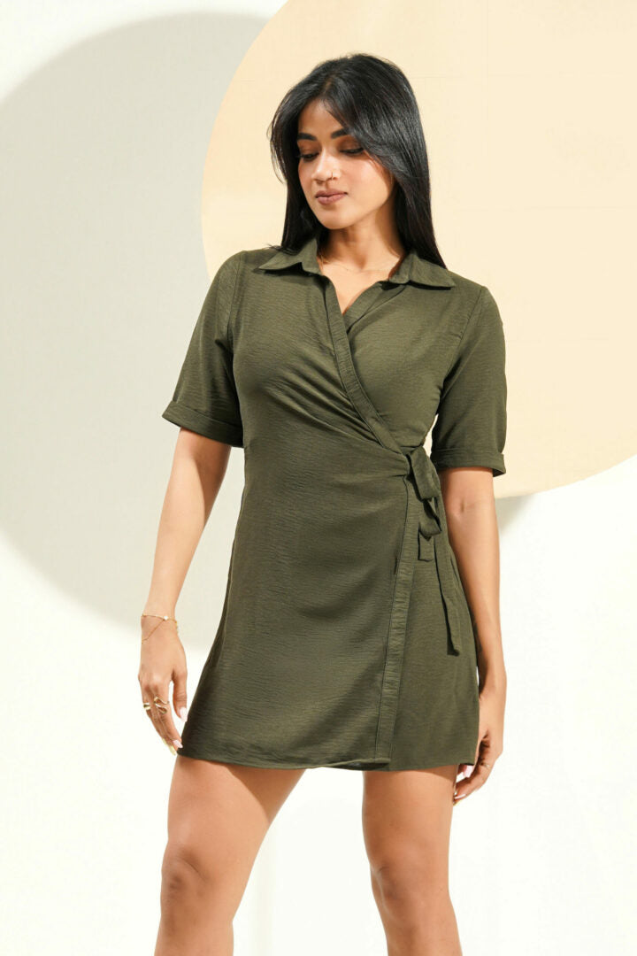 CLEORA GREEN WRAP MINI DRESS